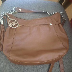 Micheal Kors Tan Leather Charm Tassel Gold Chain Shoulder Bag